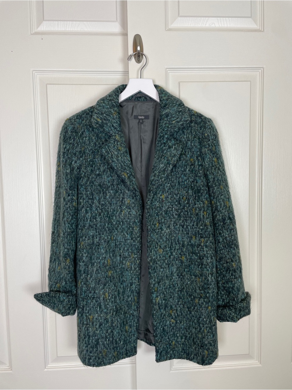 Zanella Green Tweed Wool Mohair Blazer Open Front Tailored Jacket Sz 4